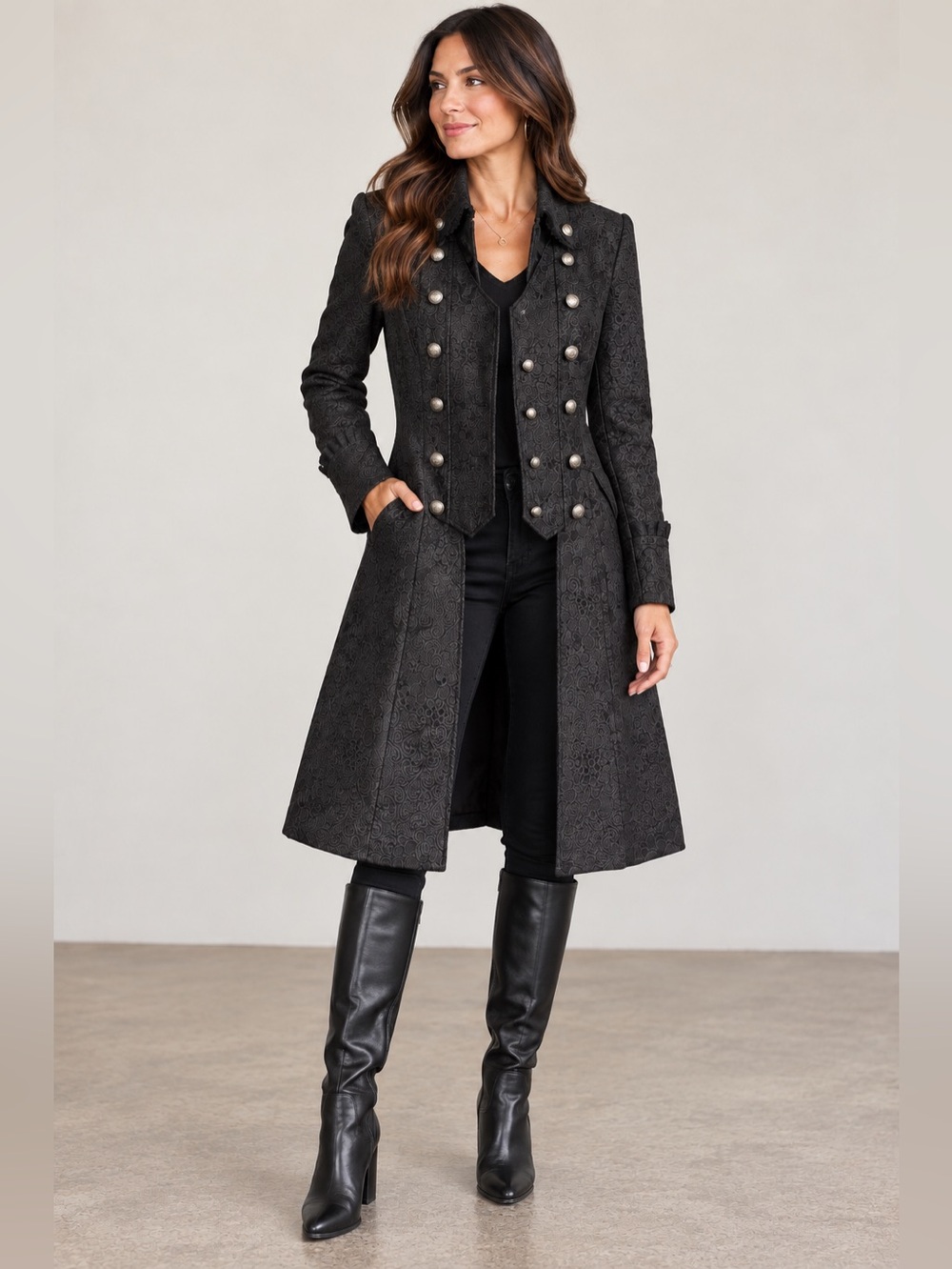 Hearts & Roses Black Brocade Gothic Victorian Military Coat Jacket Size 12